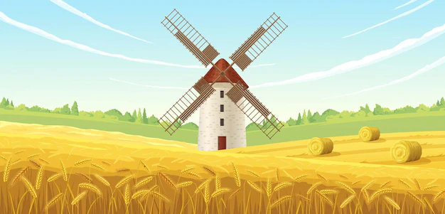 Free Vector | Farm mill in a wheat field illustration