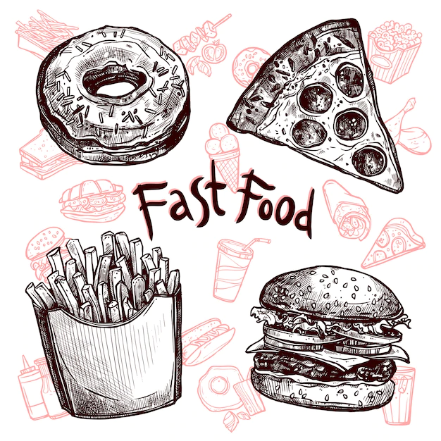 Free Vector | Fast food and drinks sketch set