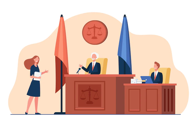 Free Vector | Female attorney standing in front of judge and talking isolated flat illustration.