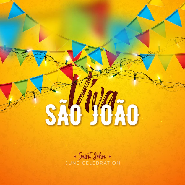 Free Vector | Festa junina illustration with party flags and paper lantern on yellow background sao joao festival