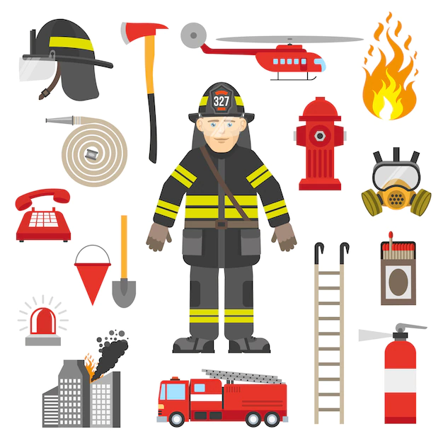 Free Vector | Fireman professional equipment flat icons collection