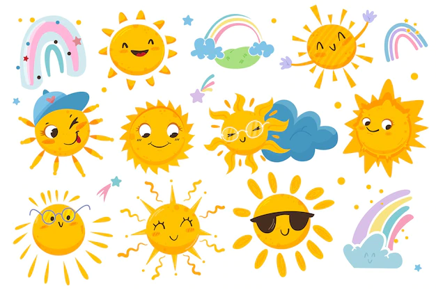 Free Vector | Flat cute sun with happy emotions clouds and rainbow