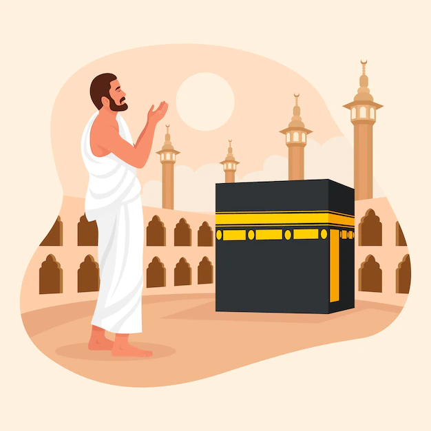Free Vector | Flat hajj illustration with man praying at mecca
