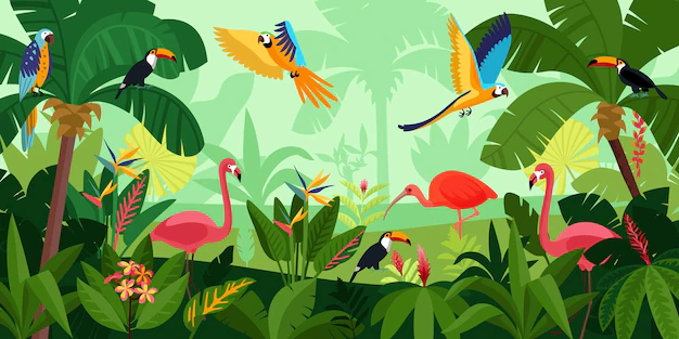Free Vector | Flat jungle composition birds fly in dense jungle pink flamingos and large parrots vector illustration
