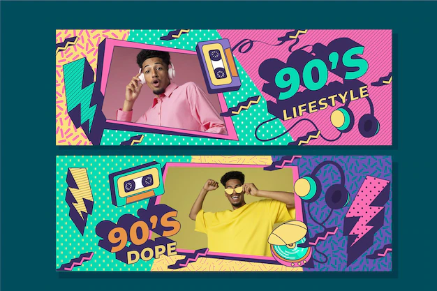 Free Vector | Flat nostalgic 90's horizontal banners with photo