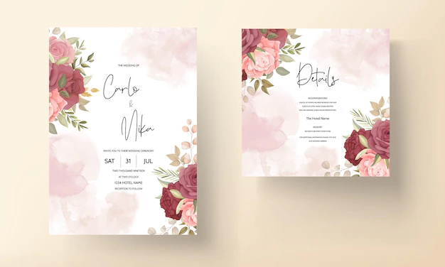 Free Vector | Floral wedding invitation template set with elegant flower and leaves decoration