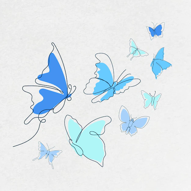 Free Vector | Flying butterfly sticker, blue line art vector animal illustration set