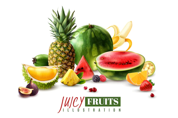 Free Vector | Fresh juicy fruits whole and serving pieces wedges slices realistic composition with watermelon fig pineapple vector illustration