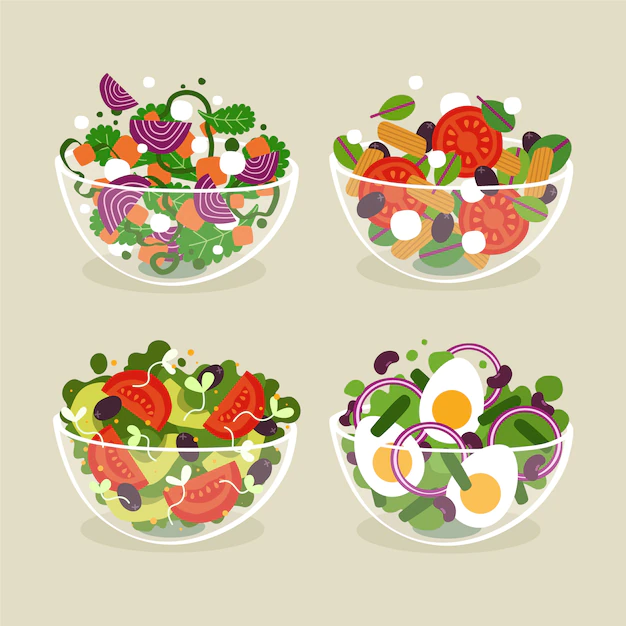 Free Vector | Fruit and salad bowls flat style