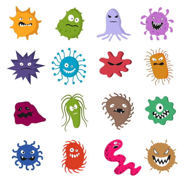 Free Vector | Funny cartoon cute virus and bacteria set isolated on white