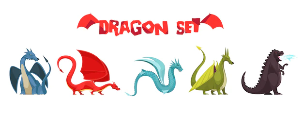 Free Vector | Funny colorful fire breathing dragons monsters weird snake like creatures flat cartoon icons set isolated