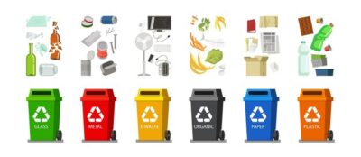 Free Vector | Garbage recycle bins set. vector illustrations of trash containers classification. cartoon collection of plastic glass metal organic paper trash for dustbins isolated on white. environment concept