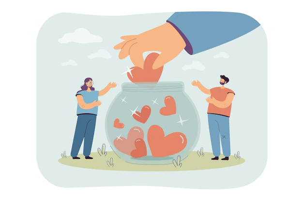 Free Vector | Generous tiny people collecting hearts in jar isolated flat illustration