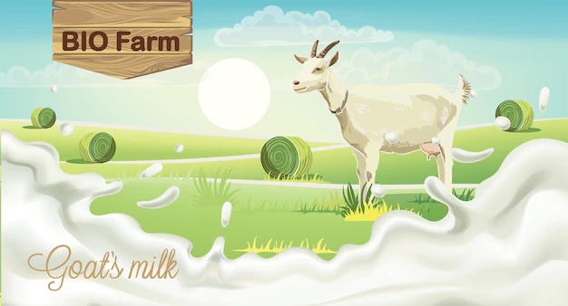 Free Vector | Goat on meadow with hay bales. splashing bio farm milk. realistic.