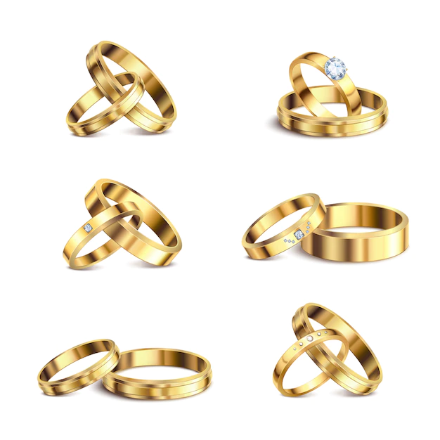 Free Vector | Gold wedding rings couple series 6 realistic isolated sets noble metal jewelry against white background  illustration