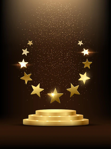 Free Vector | Golden podium with stars glowing gold stage with glitter and light smoke on dark background