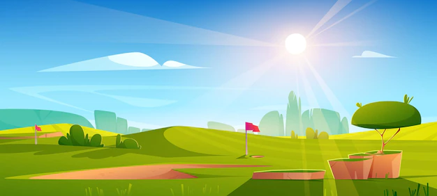 Free Vector | Golf course nature landscape, green grass, flag