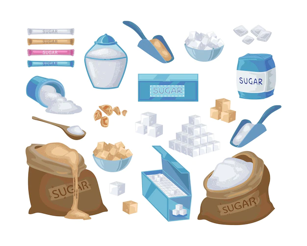 Free Vector | Granulated and cube sugar cartoon illustration set. bag, block, pack and stick of brown and white sugar. sugar in spoon and bowl isolated on white background. sweet food, sucrose concept