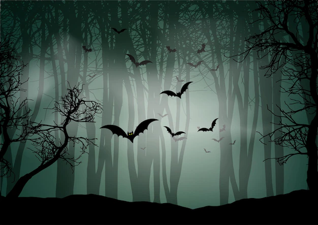 Free Vector | Halloween background with foggy forest landscape and bats