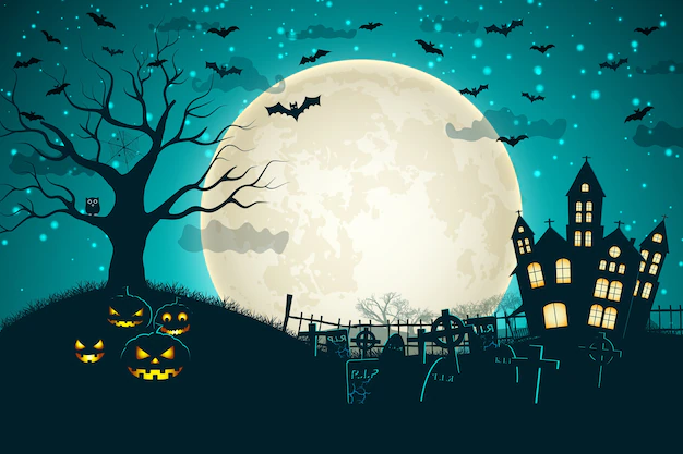 Free Vector | Halloween night moon composition with glowing pumpkins vintage castle and bats flying over cemetery flat