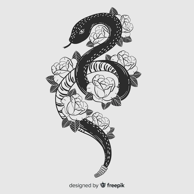 Free Vector | Hand drawn colorless snake with flowers background