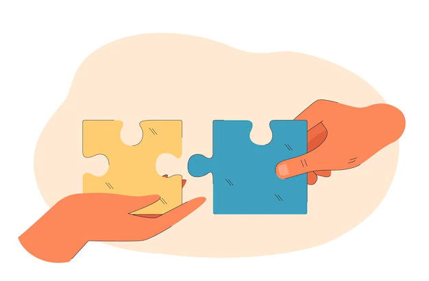 Free Vector | Hands connecting blue and yellow puzzle flat vector illustration. jigsaw, connection, solution, praying, support, independence concept for banner, website design or landing web page