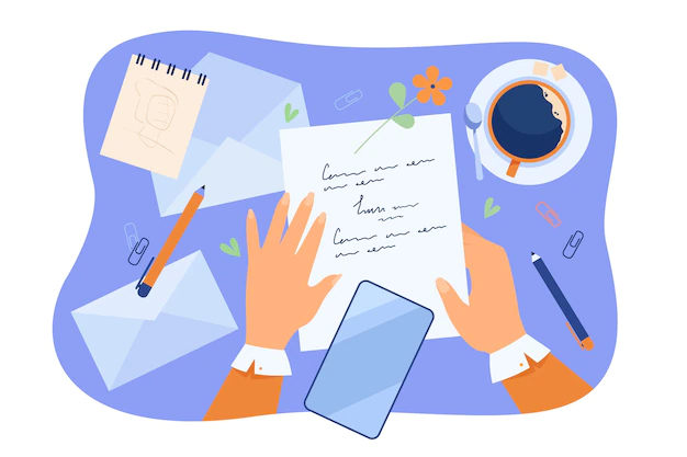 Free Vector | Hands of character writing letter at desk with papers, pencil, envelopes and coffee cup.