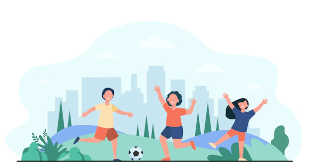 Free Vector | Happy active children playing football outdoors flat vector illustration. cartoon child characters running with soccer ball. sport game and playground concept