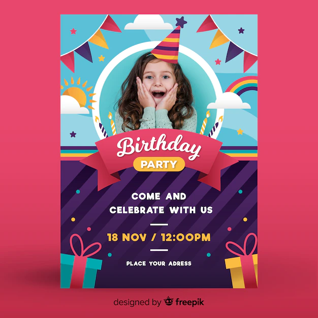 Free Vector | Happy childrens birthday invitation template with photo