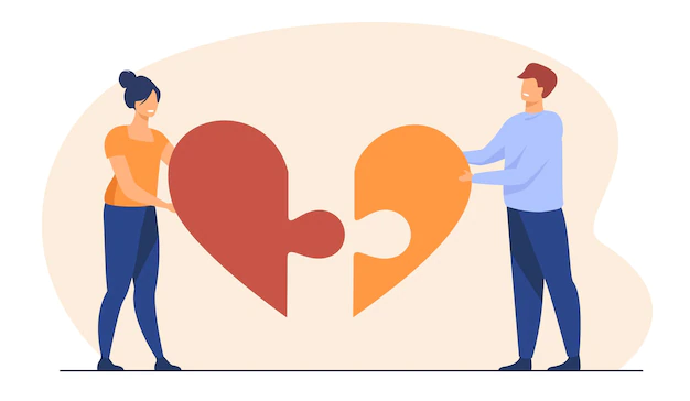 Free Vector | Happy couple connecting heart pieces together