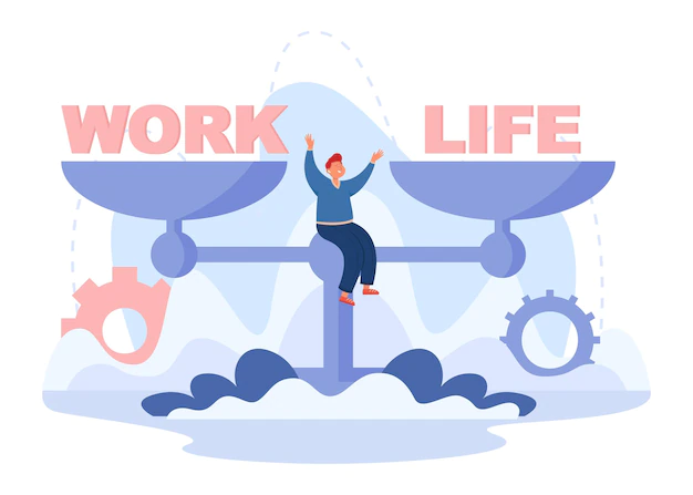 Free Vector | Happy man sitting on scales with words work and life