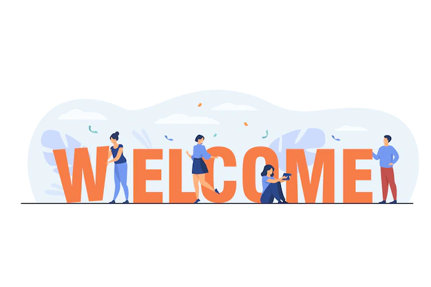 Free Vector | Happy tiny people near huge welcome word flat illustration.