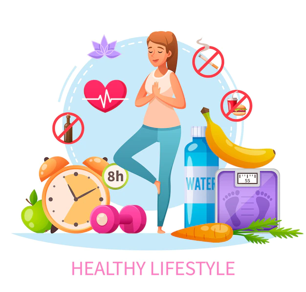 Free Vector | Healthy lifestyle habits cartoon composition with nonsmoking woman practice stress relieving yoga 8h sleep diet