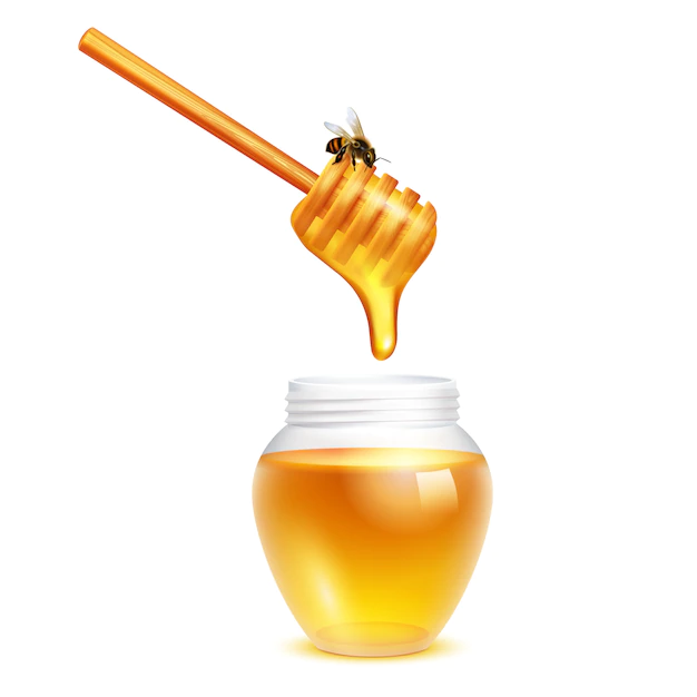 Free Vector | Honey dripping from dipper stick with honeybee in glass jar realistic design concept on white background