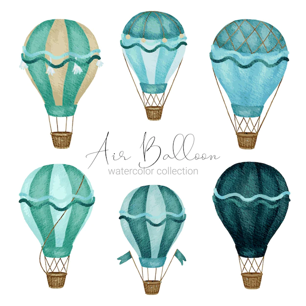 Free Vector | Hot air balloon designs in various watercolor styles for graphic designers to use for web sites invitation cards weddings congratulations birthdays celebrations fabric printing and publications