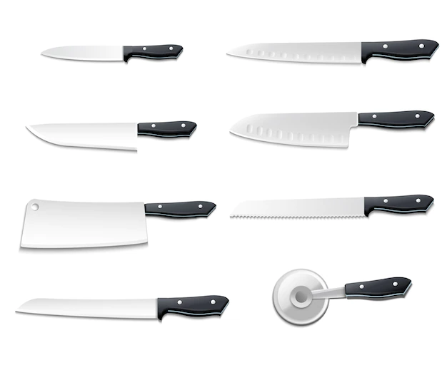 Free Vector | Isolated realistic knives icon set with sharp blades for pizza meat bread fish vector illustration