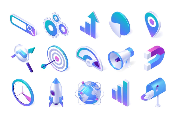 Free Vector | Isometric seo and marketing icons. browser window, gears, arrow and pie charts, map pin, magnifier and target with loudspeaker. magnet, clock, startup rocket, earth globe and mail box 3d vector set