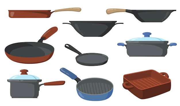 Free Vector | Kitchen pots set. frying pans and saucepans, skillet with handle and wok.