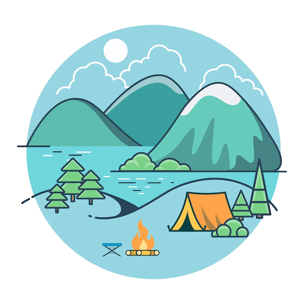 Free Vector | Linear flat tent on beach of lake between trees and mountains, summer camping. countryside vacation, union with nature concept.