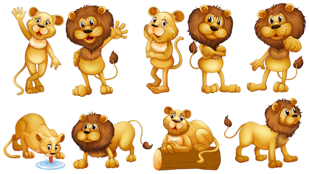 Free Vector | Lions in different actions illustration