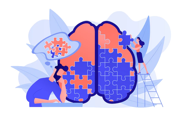 Free Vector | Man doing human brain puzzle. psychology and psychotherapy session, mental healing and wellbeing, therapist counselling mental illness and difficulties violet palette. vector isolated illustration.
