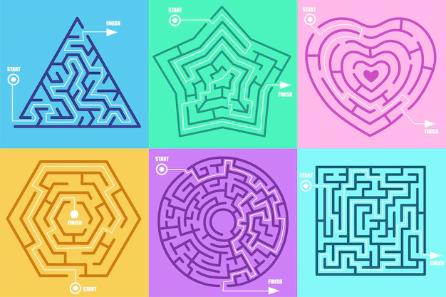 Free Vector | Maze games in form of different figures illustration set. circle, heart, square, star, hexagon, solved puzzle with correctly marked entrance and exit.
labyrinth, riddle, mental activity concep