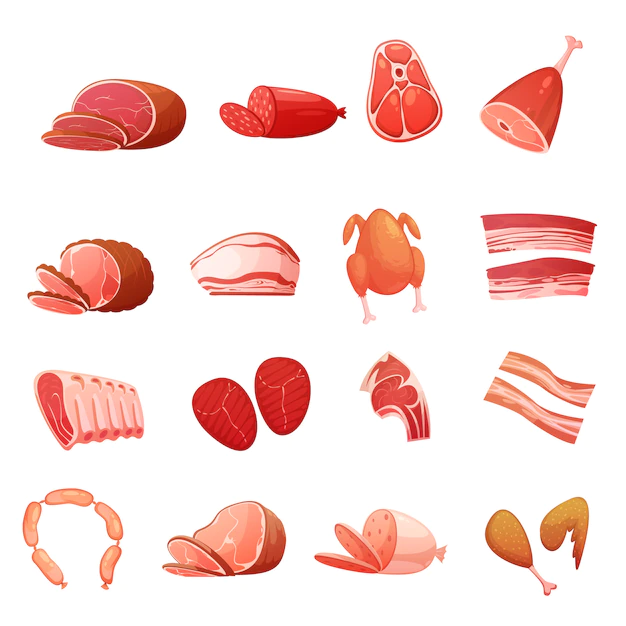 Free Vector | Meat icons set of gastronomic delicatessen with carbonate sausage frankfurters