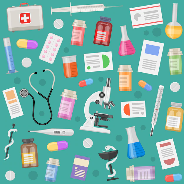 Free Vector | Medical objects pattern with prescriptions equipment and instruments pills and capsules