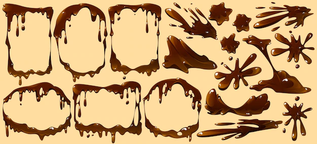 Free Vector | Melt chocolate drips frames splashes and sports isolated set melted dripping of dark or milk choco sauce brown cream or syrup borders liquid cocoa food elements cartoon vector illustration