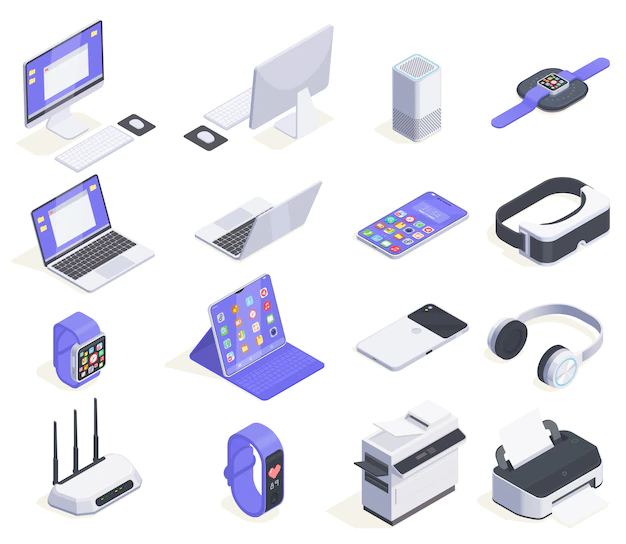 Free Vector | Modern devices isometric icons collection with sixteen isolated images of computers periphereals and various consumer electronics  illustration