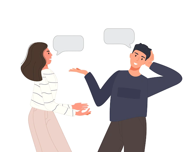 Free Vector | Multiethnic people talking or discuss social network. two friend men and women speaking couples with speech bubbles. character dialogue concept.