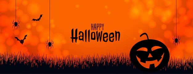 Free Vector | Orange halloween banner with pumpkin spider and bats