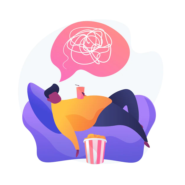 Free Vector | Overweight man cartoon character lying on armchair and drinking soda. physical inactivity, passive lifestyle, bad habit. sedentary lifestyle.