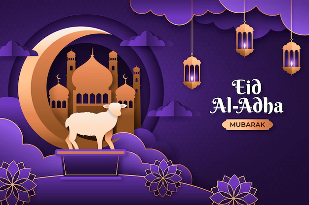 Free Vector | Paper style eid al-adha background with sheep and lanterns